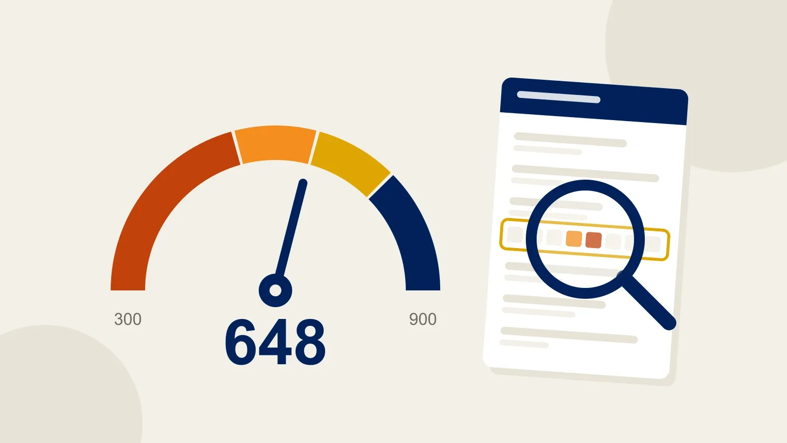 A credit score gauge pointing at 648, next to a credit report with a late-payment row under a magnifying glass