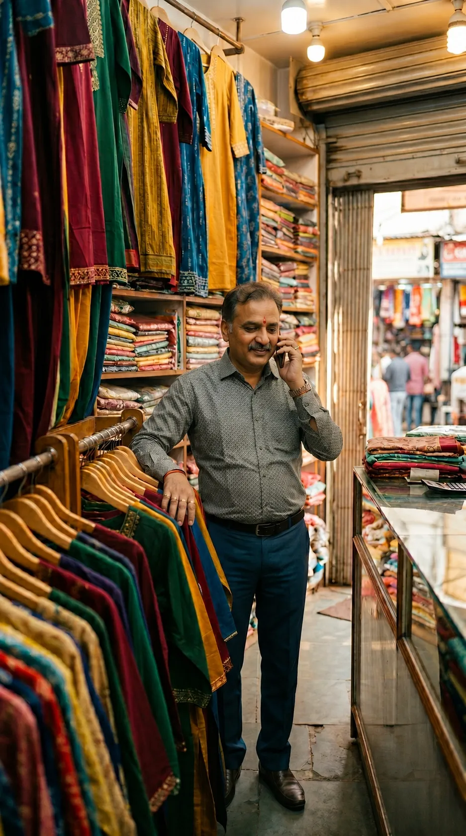 A shop owner at the counter of their business